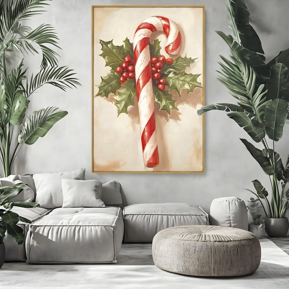 Tablou Canvas Premium, LuxCanva® D1085, Acadea Festiva, Candy, Bomboane, Baston, Dulceata, Rosu, Alb, Zahar, Bobite, Frunze, Iarna, Copilarie, Cadouri, Daruit, Emotie, Camera Copil, Living, Dormitor