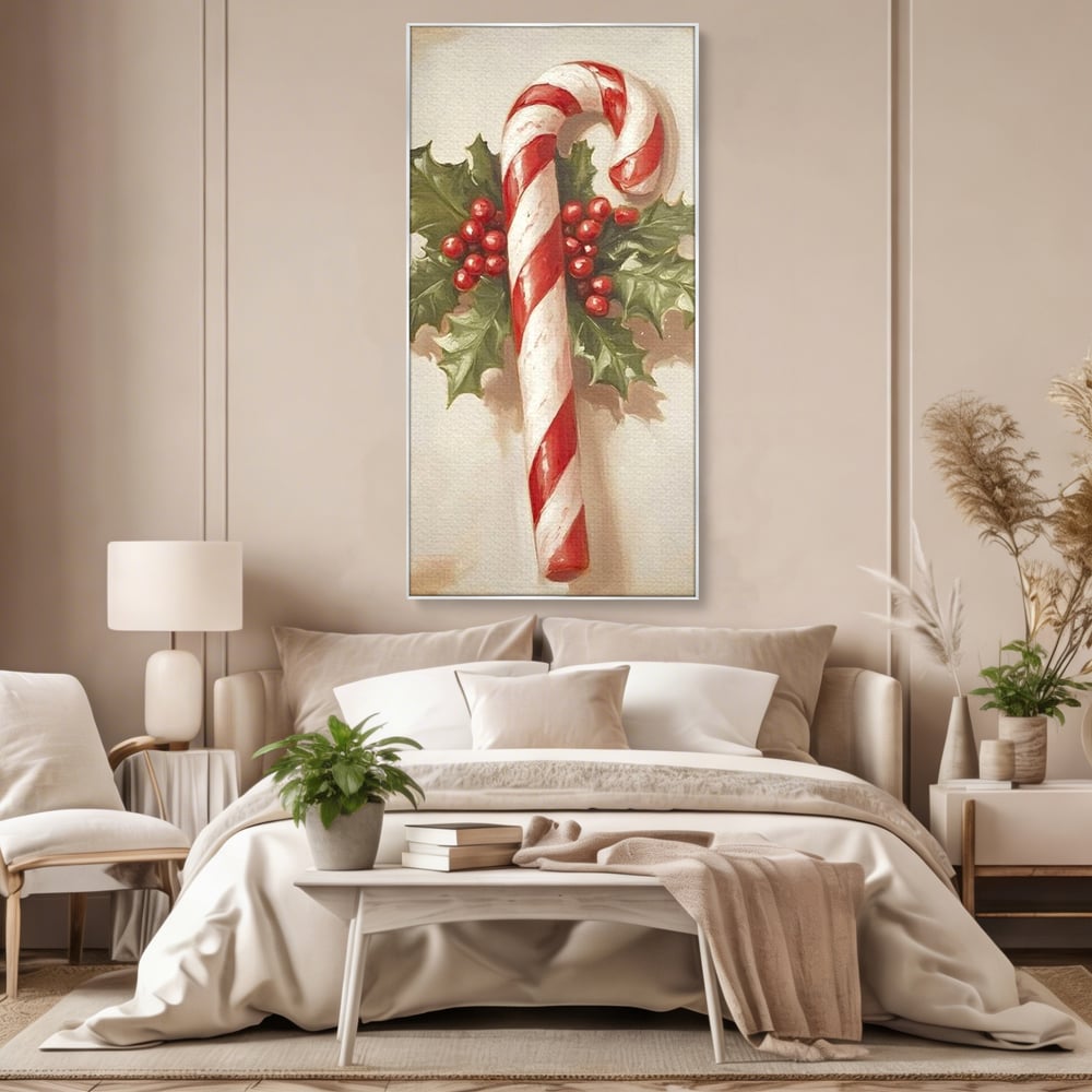 Tablou Canvas Premium, LuxCanva® D1085, Acadea Festiva, Candy, Bomboane, Baston, Dulceata, Rosu, Alb, Zahar, Bobite, Frunze, Iarna, Copilarie, Cadouri, Daruit, Emotie, Camera Copil, Living, Dormitor