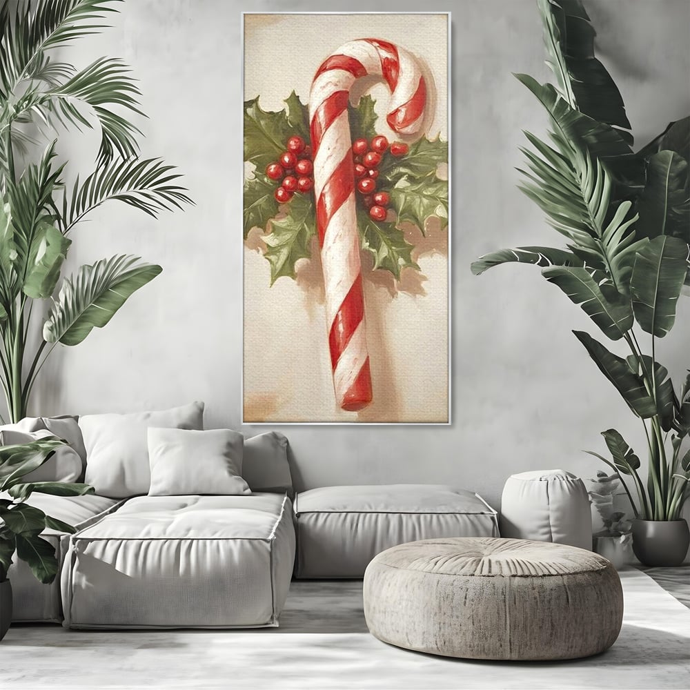 Tablou Canvas Premium, LuxCanva® D1085, Acadea Festiva, Candy, Bomboane, Baston, Dulceata, Rosu, Alb, Zahar, Bobite, Frunze, Iarna, Copilarie, Cadouri, Daruit, Emotie, Camera Copil, Living, Dormitor