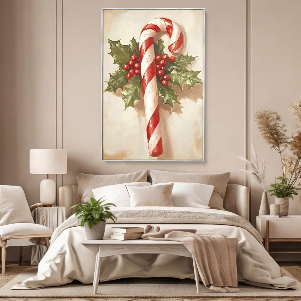 Tablou Canvas Premium, LuxCanva® D1085, Acadea Festiva, Candy, Bomboane, Baston, Dulceata, Rosu, Alb, Zahar, Bobite, Frunze, Iarna, Copilarie, Cadouri, Daruit, Emotie, Camera Copil, Living, Dormitor