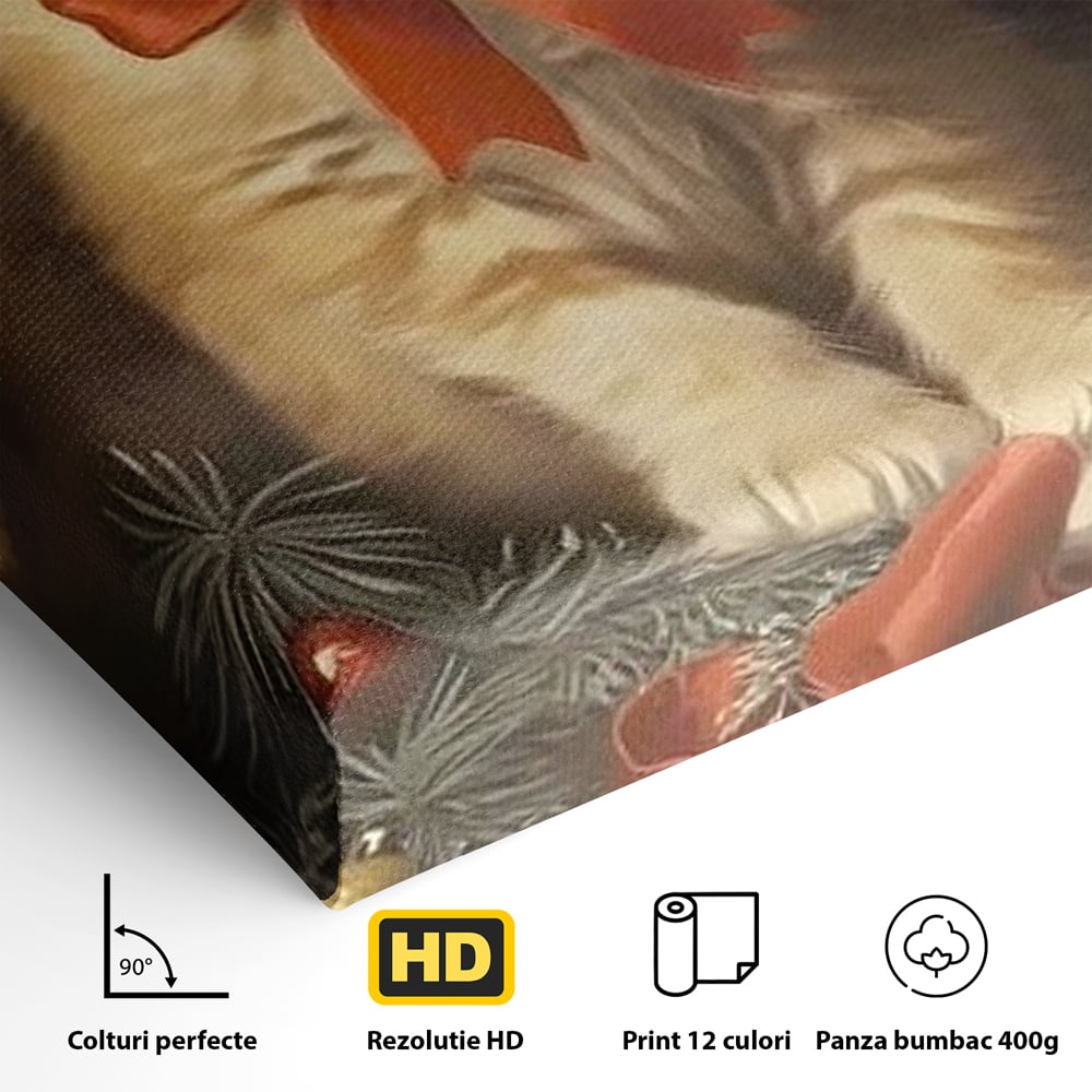 Tablou Canvas Premium, LuxCanva® D1087, Blanita de Poveste, Pisoi, Cadou, Pufos, Blanita, Pui, Spirit, Jucaus, Funda, Dragalas, Felina, Globuri, Rosu, Auriu, Bradut, Cadou, Camera Copil, Living, Dormitor
