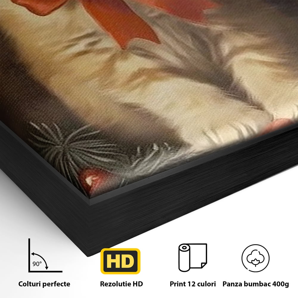Tablou Canvas Premium, LuxCanva® D1087, Blanita de Poveste, Pisoi, Cadou, Pufos, Blanita, Pui, Spirit, Jucaus, Funda, Dragalas, Felina, Globuri, Rosu, Auriu, Bradut, Cadou, Camera Copil, Living, Dormitor