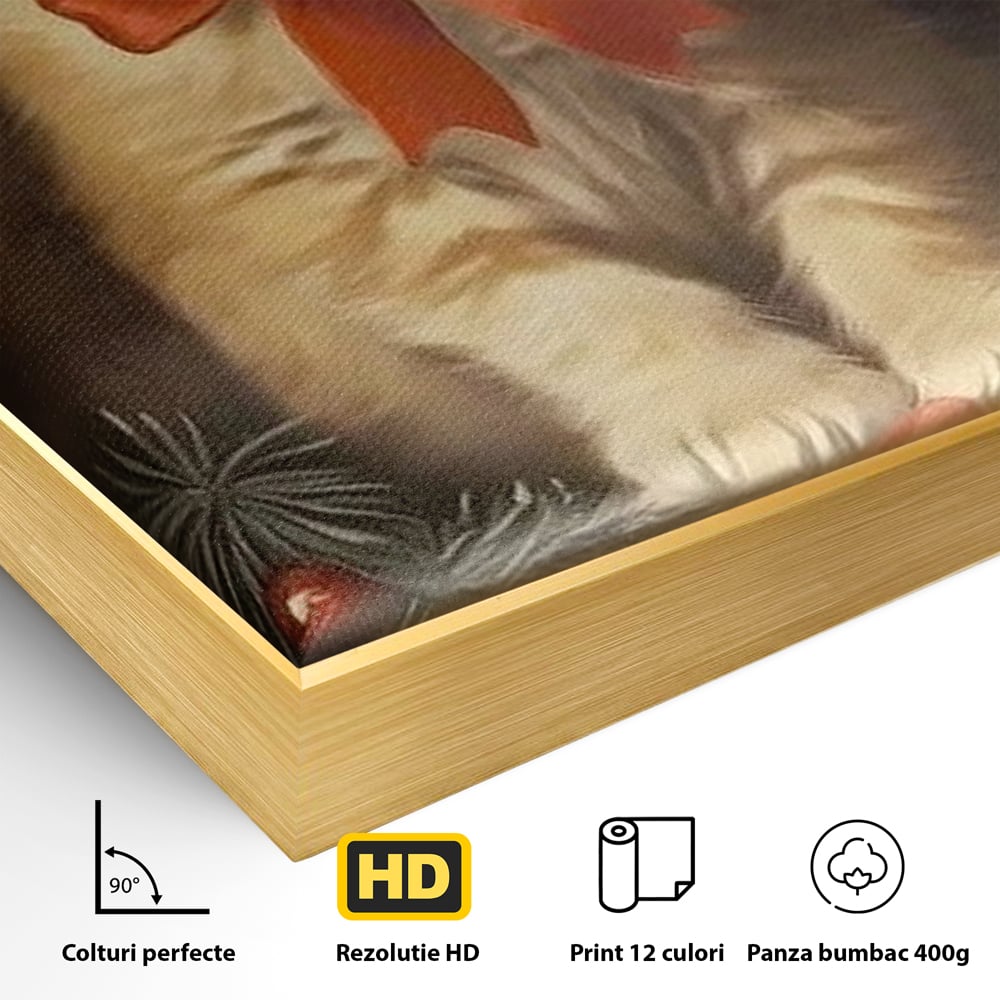 Tablou Canvas Premium, LuxCanva® D1087, Blanita de Poveste, Pisoi, Cadou, Pufos, Blanita, Pui, Spirit, Jucaus, Funda, Dragalas, Felina, Globuri, Rosu, Auriu, Bradut, Cadou, Camera Copil, Living, Dormitor