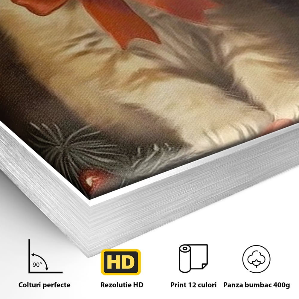 Tablou Canvas Premium, LuxCanva® D1087, Blanita de Poveste, Pisoi, Cadou, Pufos, Blanita, Pui, Spirit, Jucaus, Funda, Dragalas, Felina, Globuri, Rosu, Auriu, Bradut, Cadou, Camera Copil, Living, Dormitor