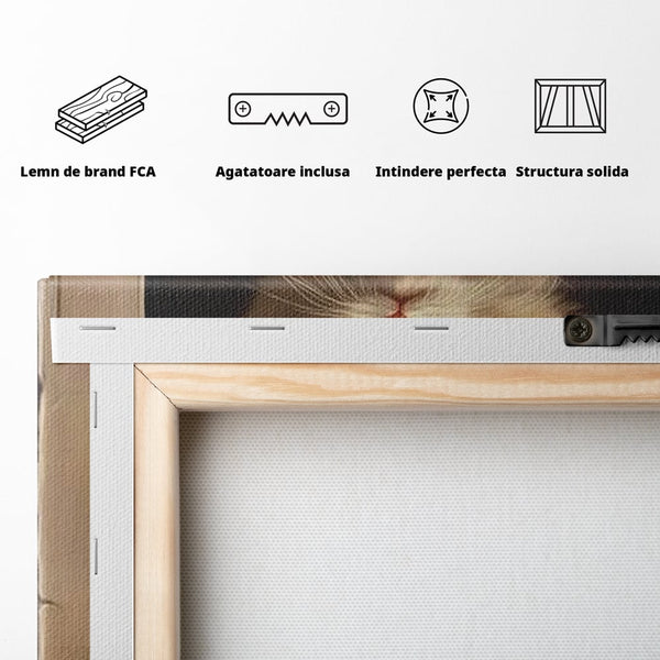 Tablou Canvas Premium, LuxCanva® D1087, Blanita de Poveste, Pisoi, Cadou, Pufos, Blanita, Pui, Spirit, Jucaus, Funda, Dragalas, Felina, Globuri, Rosu, Auriu, Bradut, Cadou, Camera Copil, Living, Dormitor
