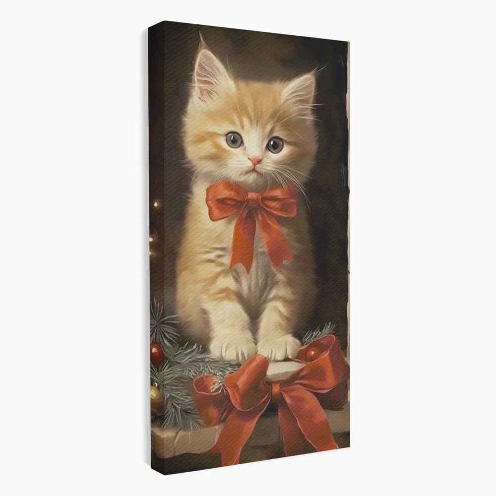 Tablou Canvas Premium, LuxCanva® D1087, Blanita de Poveste, Pisoi, Cadou, Pufos, Blanita, Pui, Spirit, Jucaus, Funda, Dragalas, Felina, Globuri, Rosu, Auriu, Bradut, Cadou, Camera Copil, Living, Dormitor