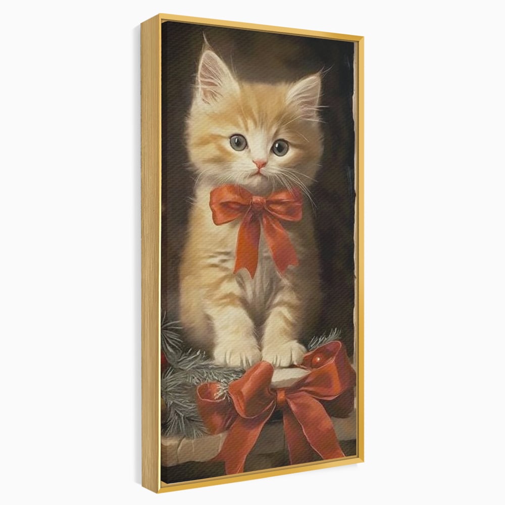 Tablou Canvas Premium, LuxCanva® D1087, Blanita de Poveste, Pisoi, Cadou, Pufos, Blanita, Pui, Spirit, Jucaus, Funda, Dragalas, Felina, Globuri, Rosu, Auriu, Bradut, Cadou, Camera Copil, Living, Dormitor