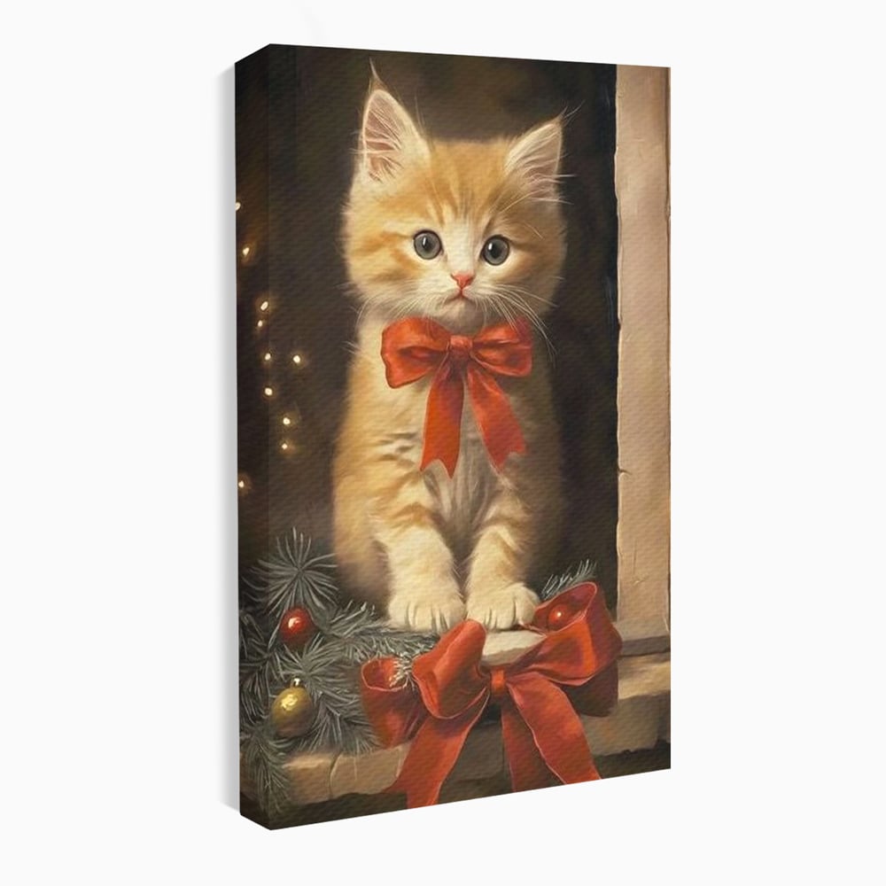 Tablou Canvas Premium, LuxCanva® D1087, Blanita de Poveste, Pisoi, Cadou, Pufos, Blanita, Pui, Spirit, Jucaus, Funda, Dragalas, Felina, Globuri, Rosu, Auriu, Bradut, Cadou, Camera Copil, Living, Dormitor