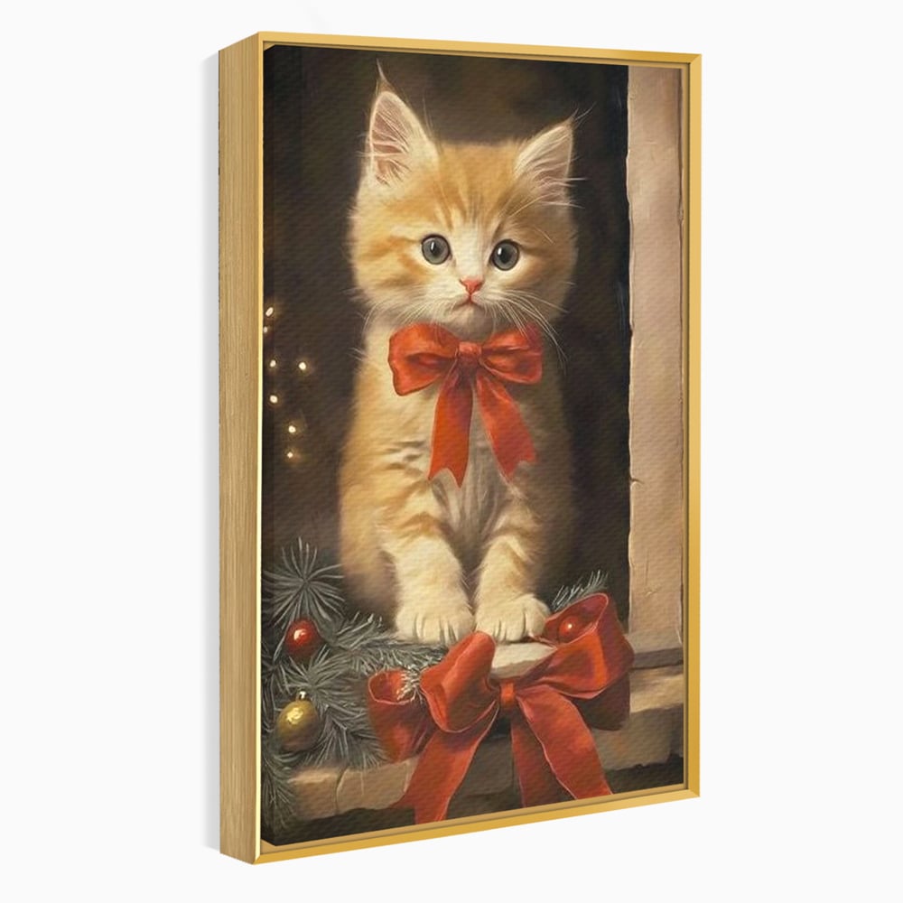 Tablou Canvas Premium, LuxCanva® D1087, Blanita de Poveste, Pisoi, Cadou, Pufos, Blanita, Pui, Spirit, Jucaus, Funda, Dragalas, Felina, Globuri, Rosu, Auriu, Bradut, Cadou, Camera Copil, Living, Dormitor
