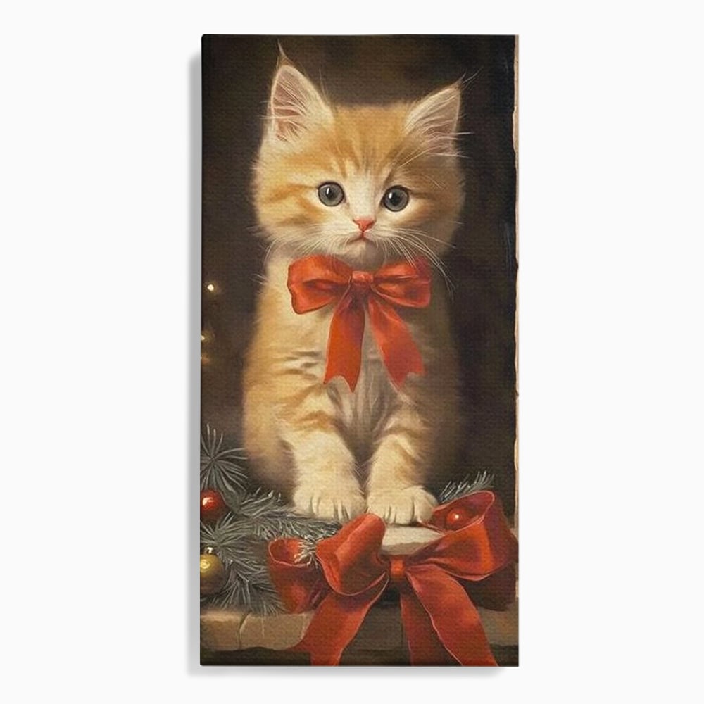 Tablou Canvas Premium, LuxCanva® D1087, Blanita de Poveste, Pisoi, Cadou, Pufos, Blanita, Pui, Spirit, Jucaus, Funda, Dragalas, Felina, Globuri, Rosu, Auriu, Bradut, Cadou, Camera Copil, Living, Dormitor