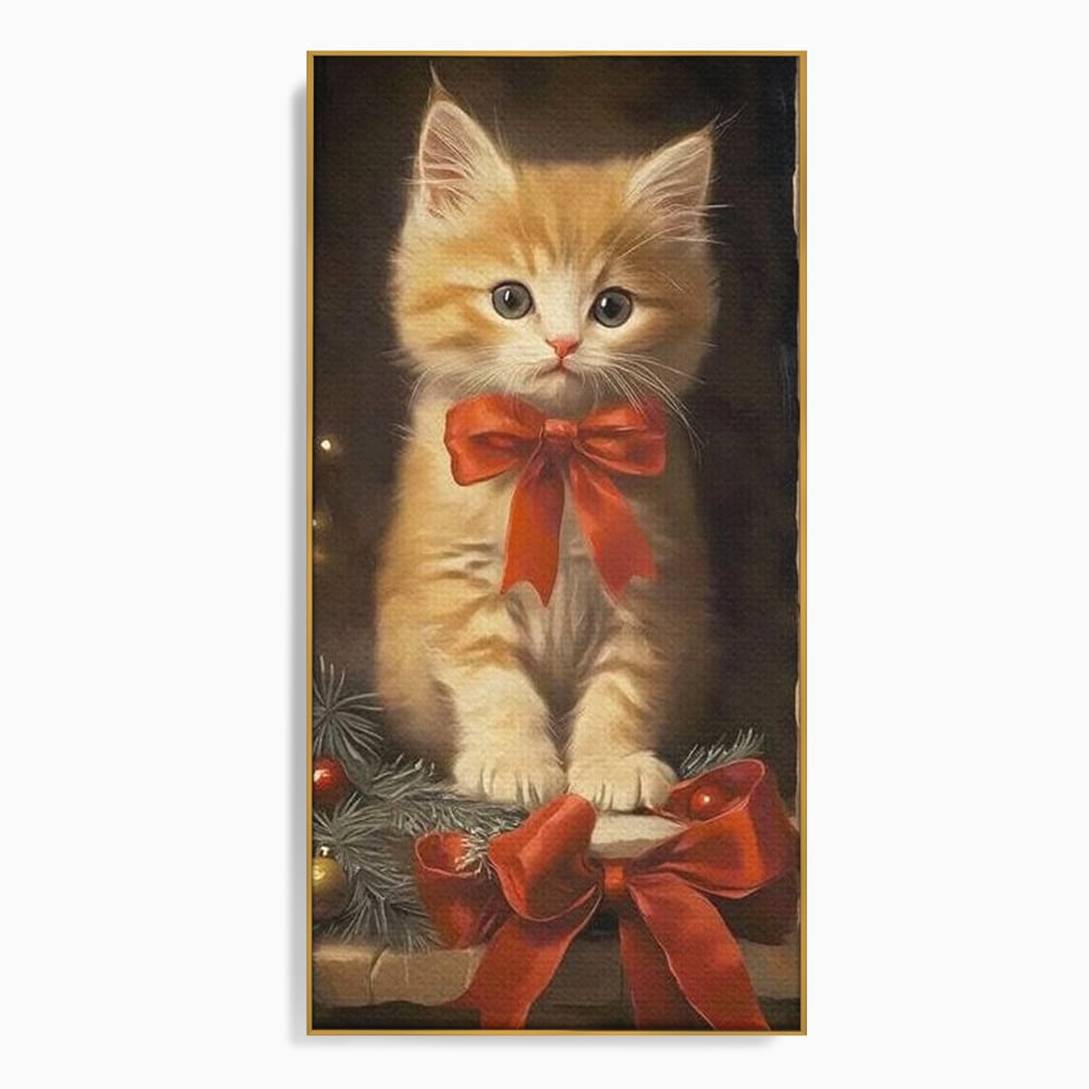 Tablou Canvas Premium, LuxCanva® D1087, Blanita de Poveste, Pisoi, Cadou, Pufos, Blanita, Pui, Spirit, Jucaus, Funda, Dragalas, Felina, Globuri, Rosu, Auriu, Bradut, Cadou, Camera Copil, Living, Dormitor