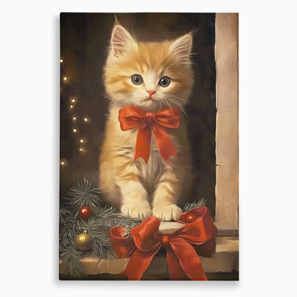 Tablou Canvas Premium, LuxCanva® D1087, Blanita de Poveste, Pisoi, Cadou, Pufos, Blanita, Pui, Spirit, Jucaus, Funda, Dragalas, Felina, Globuri, Rosu, Auriu, Bradut, Cadou, Camera Copil, Living, Dormitor