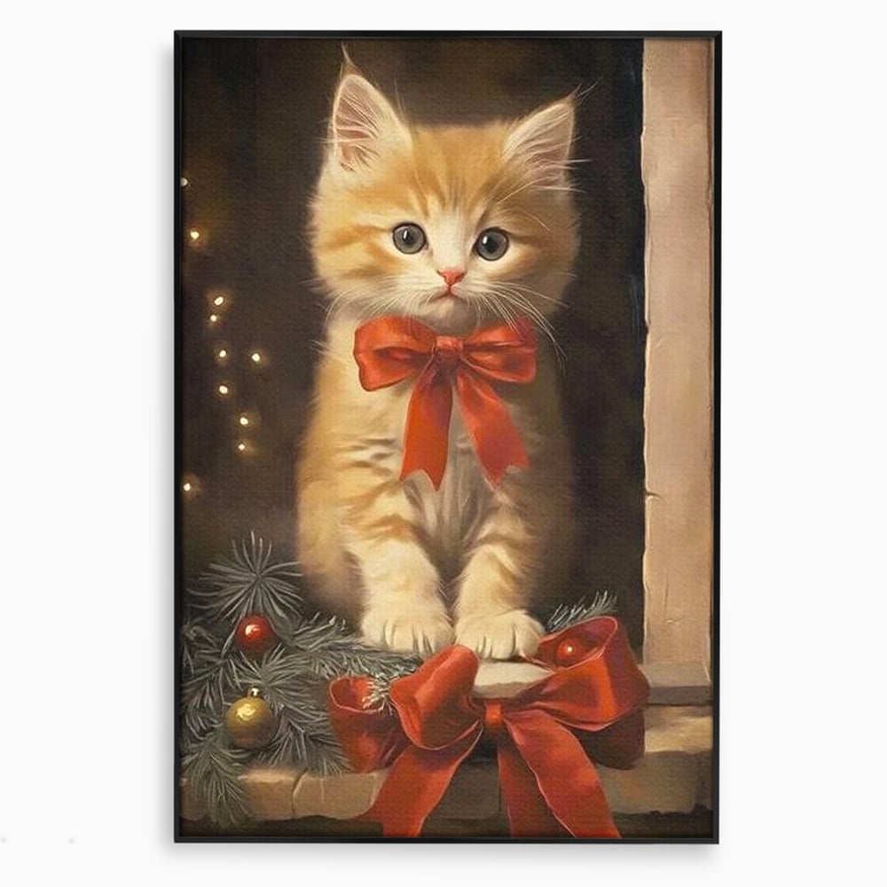 Tablou Canvas Premium, LuxCanva® D1087, Blanita de Poveste, Pisoi, Cadou, Pufos, Blanita, Pui, Spirit, Jucaus, Funda, Dragalas, Felina, Globuri, Rosu, Auriu, Bradut, Cadou, Camera Copil, Living, Dormitor