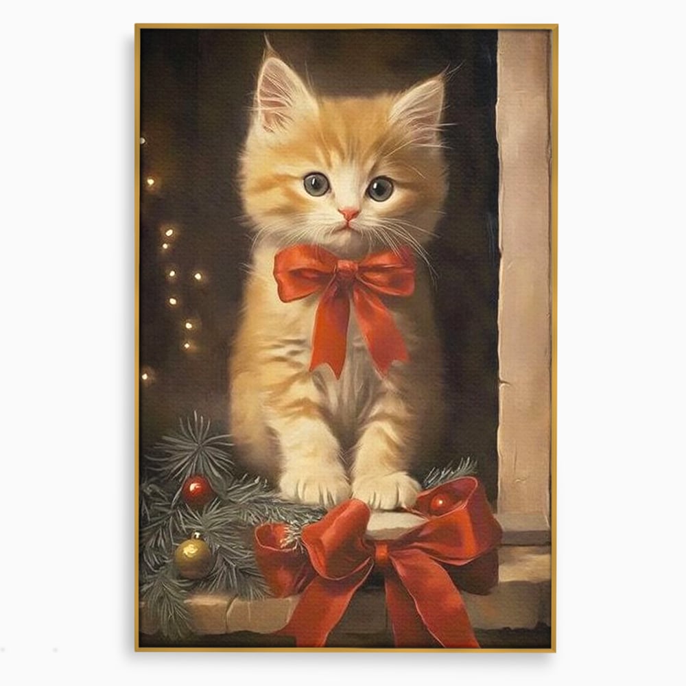 Tablou Canvas Premium, LuxCanva® D1087, Blanita de Poveste, Pisoi, Cadou, Pufos, Blanita, Pui, Spirit, Jucaus, Funda, Dragalas, Felina, Globuri, Rosu, Auriu, Bradut, Cadou, Camera Copil, Living, Dormitor