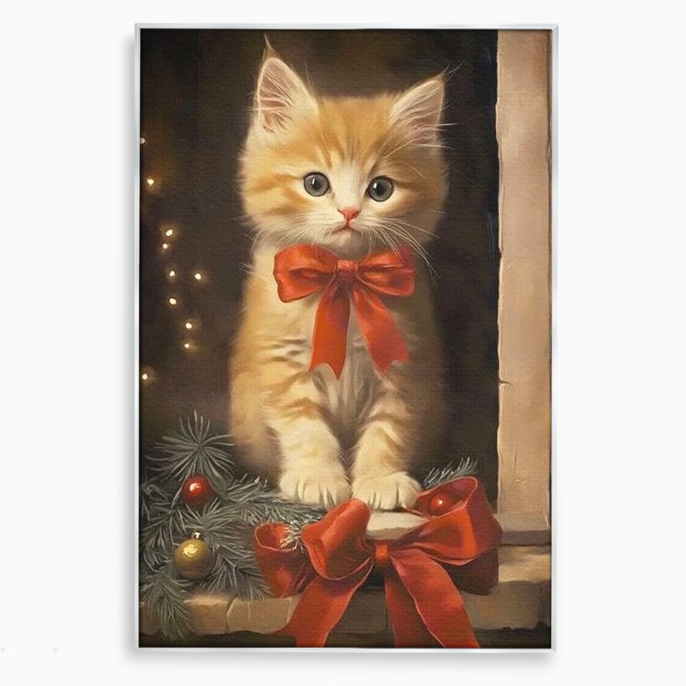 Tablou Canvas Premium, LuxCanva® D1087, Blanita de Poveste, Pisoi, Cadou, Pufos, Blanita, Pui, Spirit, Jucaus, Funda, Dragalas, Felina, Globuri, Rosu, Auriu, Bradut, Cadou, Camera Copil, Living, Dormitor
