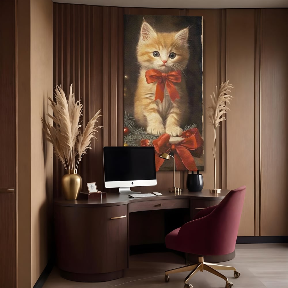 Tablou Canvas Premium, LuxCanva® D1087, Blanita de Poveste, Pisoi, Cadou, Pufos, Blanita, Pui, Spirit, Jucaus, Funda, Dragalas, Felina, Globuri, Rosu, Auriu, Bradut, Cadou, Camera Copil, Living, Dormitor