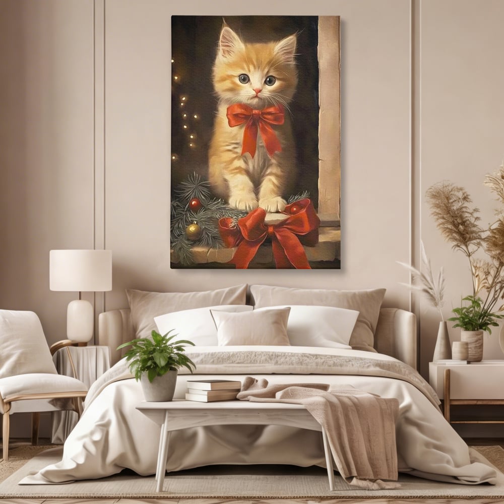 Tablou Canvas Premium, LuxCanva® D1087, Blanita de Poveste, Pisoi, Cadou, Pufos, Blanita, Pui, Spirit, Jucaus, Funda, Dragalas, Felina, Globuri, Rosu, Auriu, Bradut, Cadou, Camera Copil, Living, Dormitor