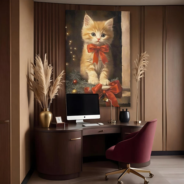 Tablou Canvas Premium, LuxCanva® D1087, Blanita de Poveste, Pisoi, Cadou, Pufos, Blanita, Pui, Spirit, Jucaus, Funda, Dragalas, Felina, Globuri, Rosu, Auriu, Bradut, Cadou, Camera Copil, Living, Dormitor