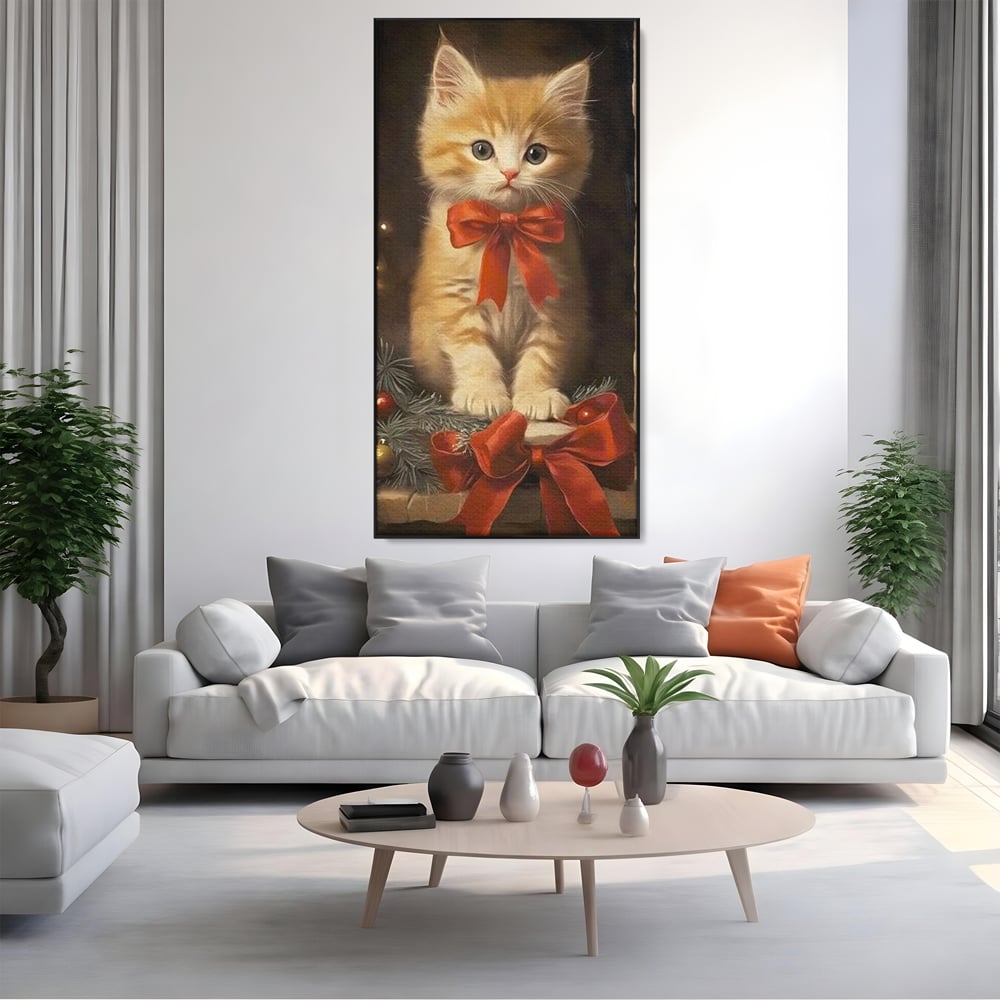 Tablou Canvas Premium, LuxCanva® D1087, Blanita de Poveste, Pisoi, Cadou, Pufos, Blanita, Pui, Spirit, Jucaus, Funda, Dragalas, Felina, Globuri, Rosu, Auriu, Bradut, Cadou, Camera Copil, Living, Dormitor