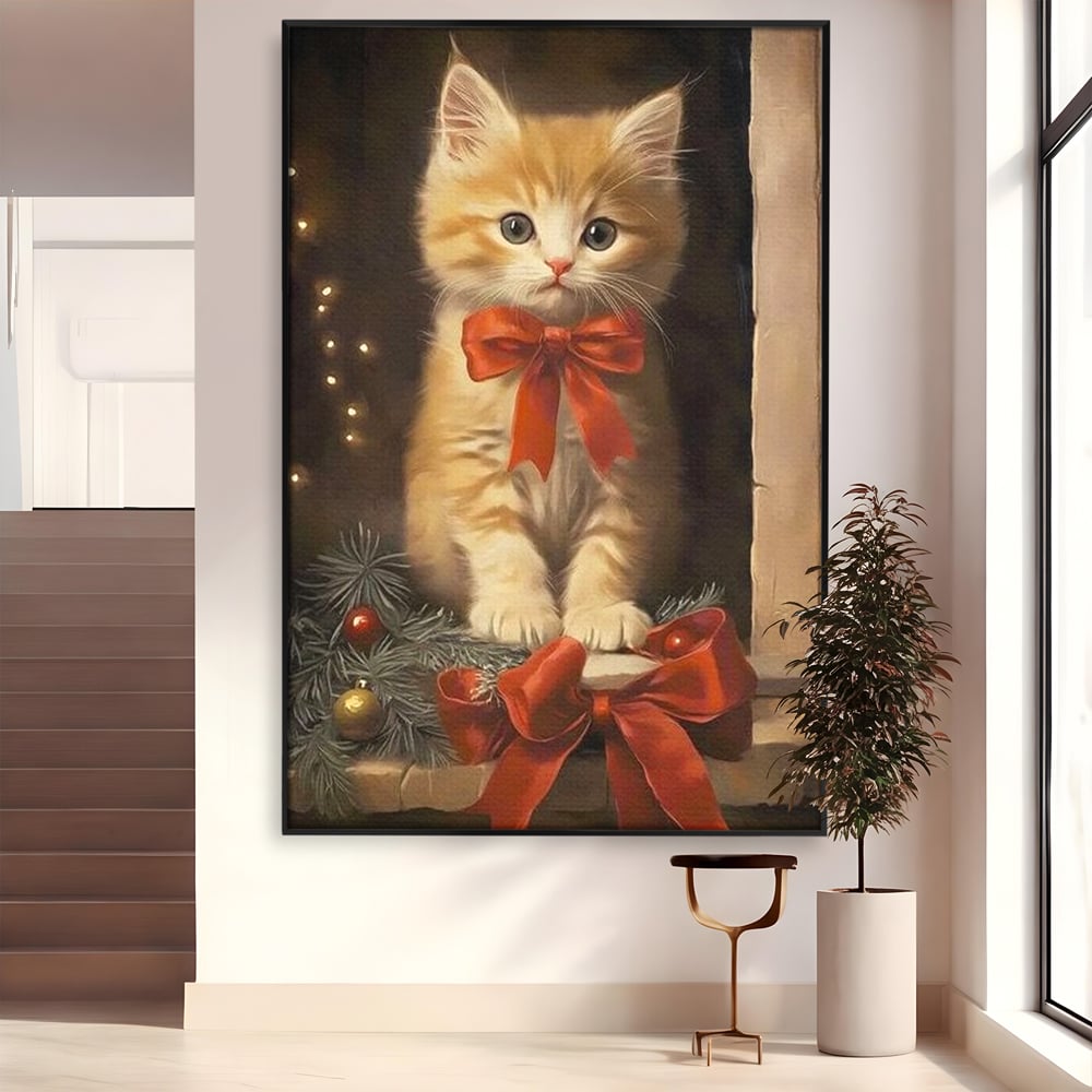 Tablou Canvas Premium, LuxCanva® D1087, Blanita de Poveste, Pisoi, Cadou, Pufos, Blanita, Pui, Spirit, Jucaus, Funda, Dragalas, Felina, Globuri, Rosu, Auriu, Bradut, Cadou, Camera Copil, Living, Dormitor