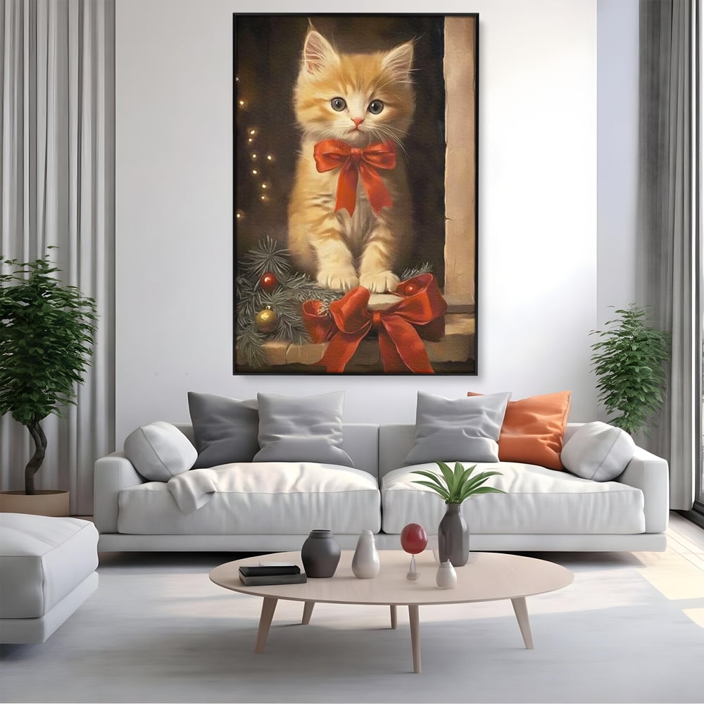 Tablou Canvas Premium, LuxCanva® D1087, Blanita de Poveste, Pisoi, Cadou, Pufos, Blanita, Pui, Spirit, Jucaus, Funda, Dragalas, Felina, Globuri, Rosu, Auriu, Bradut, Cadou, Camera Copil, Living, Dormitor