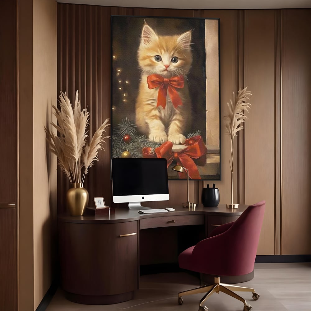 Tablou Canvas Premium, LuxCanva® D1087, Blanita de Poveste, Pisoi, Cadou, Pufos, Blanita, Pui, Spirit, Jucaus, Funda, Dragalas, Felina, Globuri, Rosu, Auriu, Bradut, Cadou, Camera Copil, Living, Dormitor