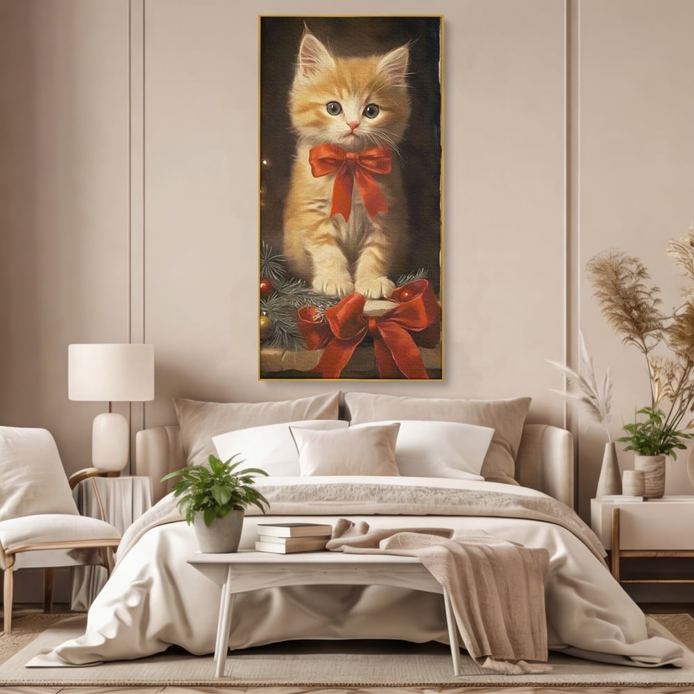 Tablou Canvas Premium, LuxCanva® D1087, Blanita de Poveste, Pisoi, Cadou, Pufos, Blanita, Pui, Spirit, Jucaus, Funda, Dragalas, Felina, Globuri, Rosu, Auriu, Bradut, Cadou, Camera Copil, Living, Dormitor