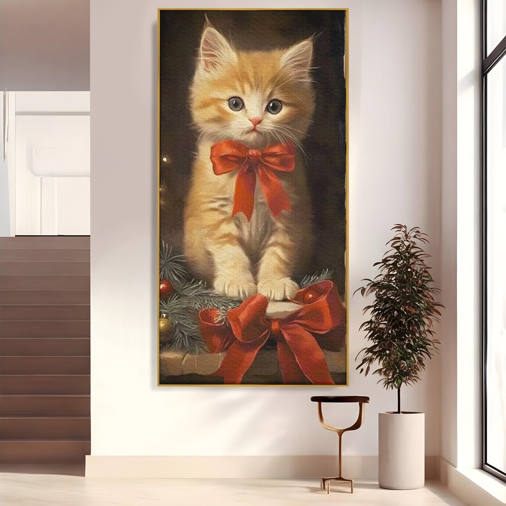Tablou Canvas Premium, LuxCanva® D1087, Blanita de Poveste, Pisoi, Cadou, Pufos, Blanita, Pui, Spirit, Jucaus, Funda, Dragalas, Felina, Globuri, Rosu, Auriu, Bradut, Cadou, Camera Copil, Living, Dormitor