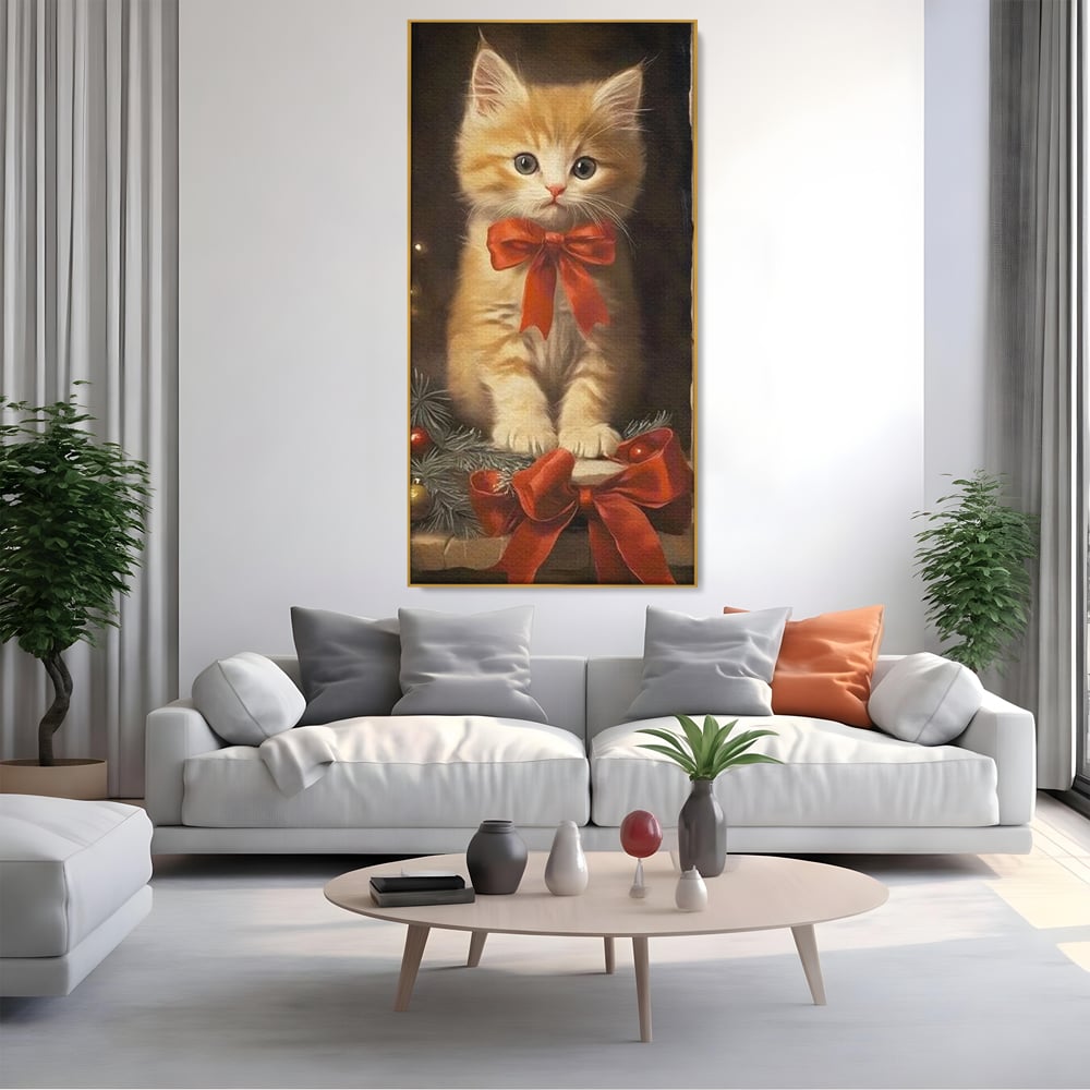 Tablou Canvas Premium, LuxCanva® D1087, Blanita de Poveste, Pisoi, Cadou, Pufos, Blanita, Pui, Spirit, Jucaus, Funda, Dragalas, Felina, Globuri, Rosu, Auriu, Bradut, Cadou, Camera Copil, Living, Dormitor