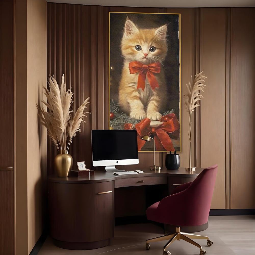 Tablou Canvas Premium, LuxCanva® D1087, Blanita de Poveste, Pisoi, Cadou, Pufos, Blanita, Pui, Spirit, Jucaus, Funda, Dragalas, Felina, Globuri, Rosu, Auriu, Bradut, Cadou, Camera Copil, Living, Dormitor