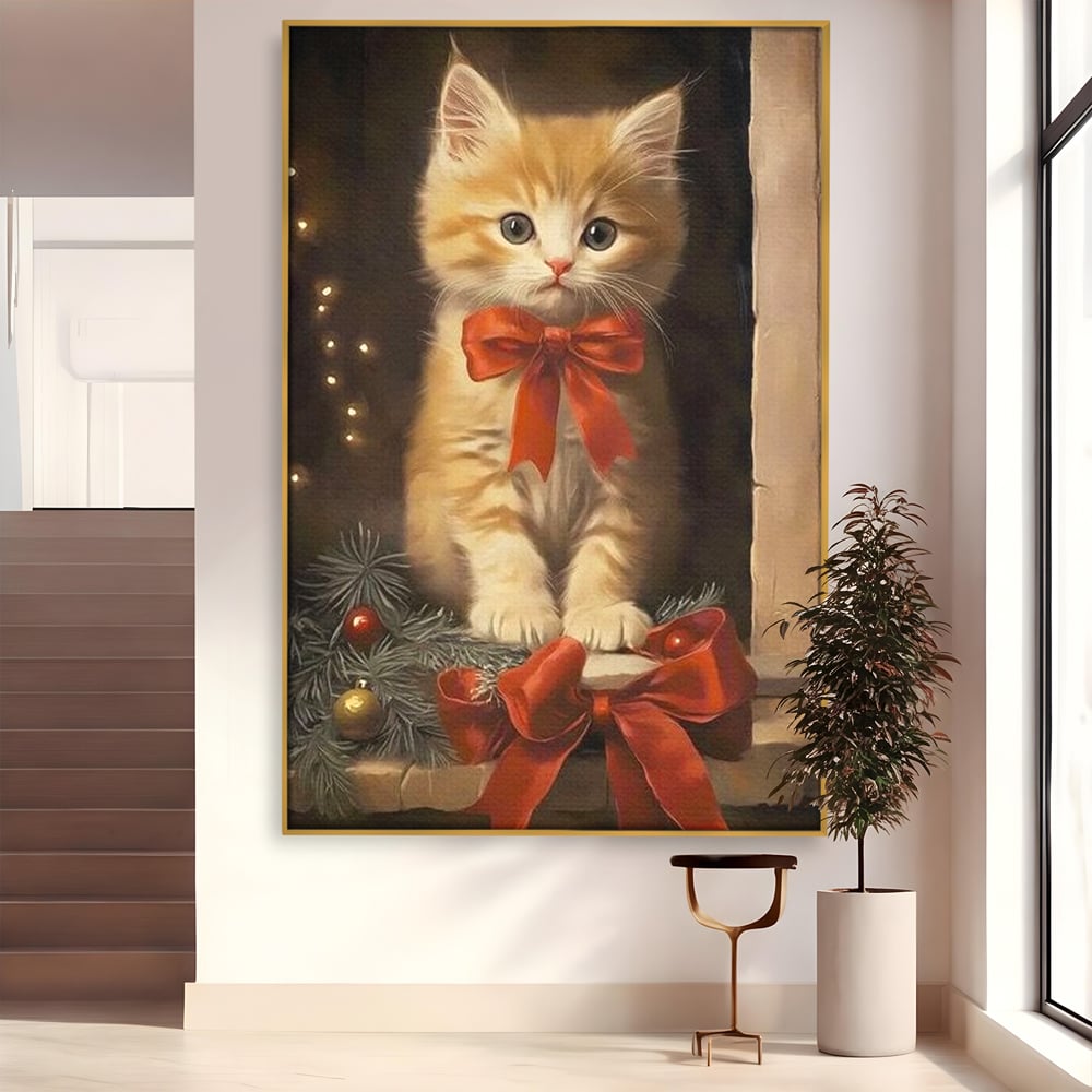 Tablou Canvas Premium, LuxCanva® D1087, Blanita de Poveste, Pisoi, Cadou, Pufos, Blanita, Pui, Spirit, Jucaus, Funda, Dragalas, Felina, Globuri, Rosu, Auriu, Bradut, Cadou, Camera Copil, Living, Dormitor