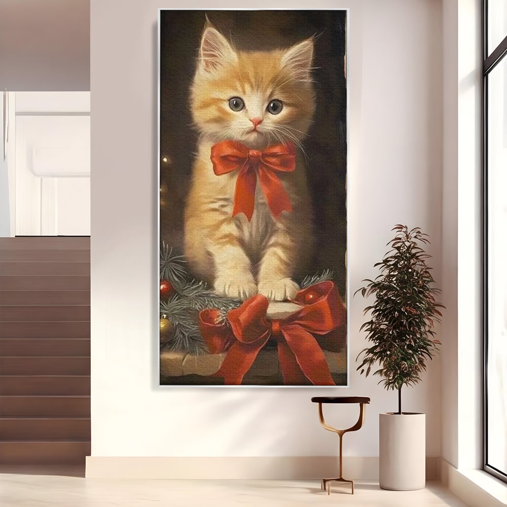 Tablou Canvas Premium, LuxCanva® D1087, Blanita de Poveste, Pisoi, Cadou, Pufos, Blanita, Pui, Spirit, Jucaus, Funda, Dragalas, Felina, Globuri, Rosu, Auriu, Bradut, Cadou, Camera Copil, Living, Dormitor