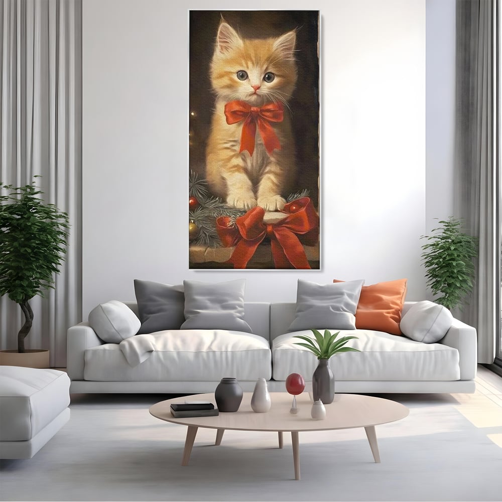 Tablou Canvas Premium, LuxCanva® D1087, Blanita de Poveste, Pisoi, Cadou, Pufos, Blanita, Pui, Spirit, Jucaus, Funda, Dragalas, Felina, Globuri, Rosu, Auriu, Bradut, Cadou, Camera Copil, Living, Dormitor