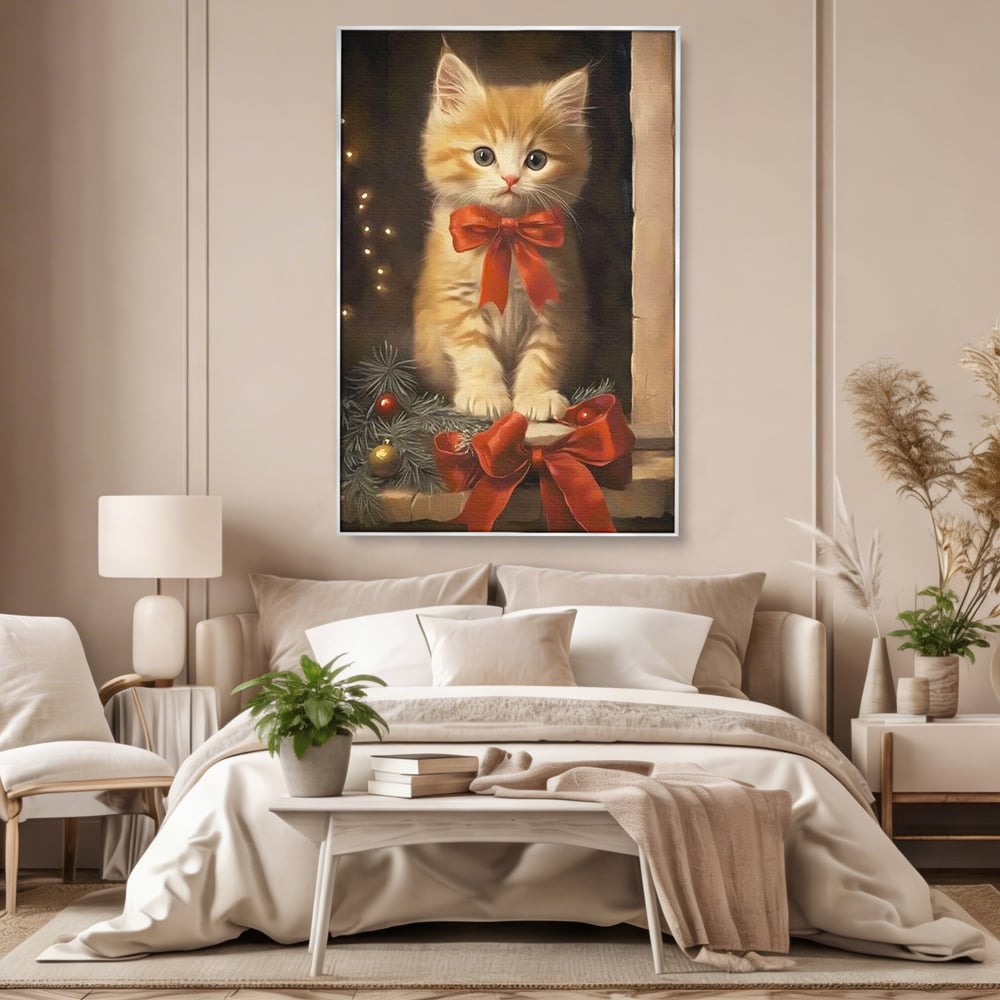Tablou Canvas Premium, LuxCanva® D1087, Blanita de Poveste, Pisoi, Cadou, Pufos, Blanita, Pui, Spirit, Jucaus, Funda, Dragalas, Felina, Globuri, Rosu, Auriu, Bradut, Cadou, Camera Copil, Living, Dormitor