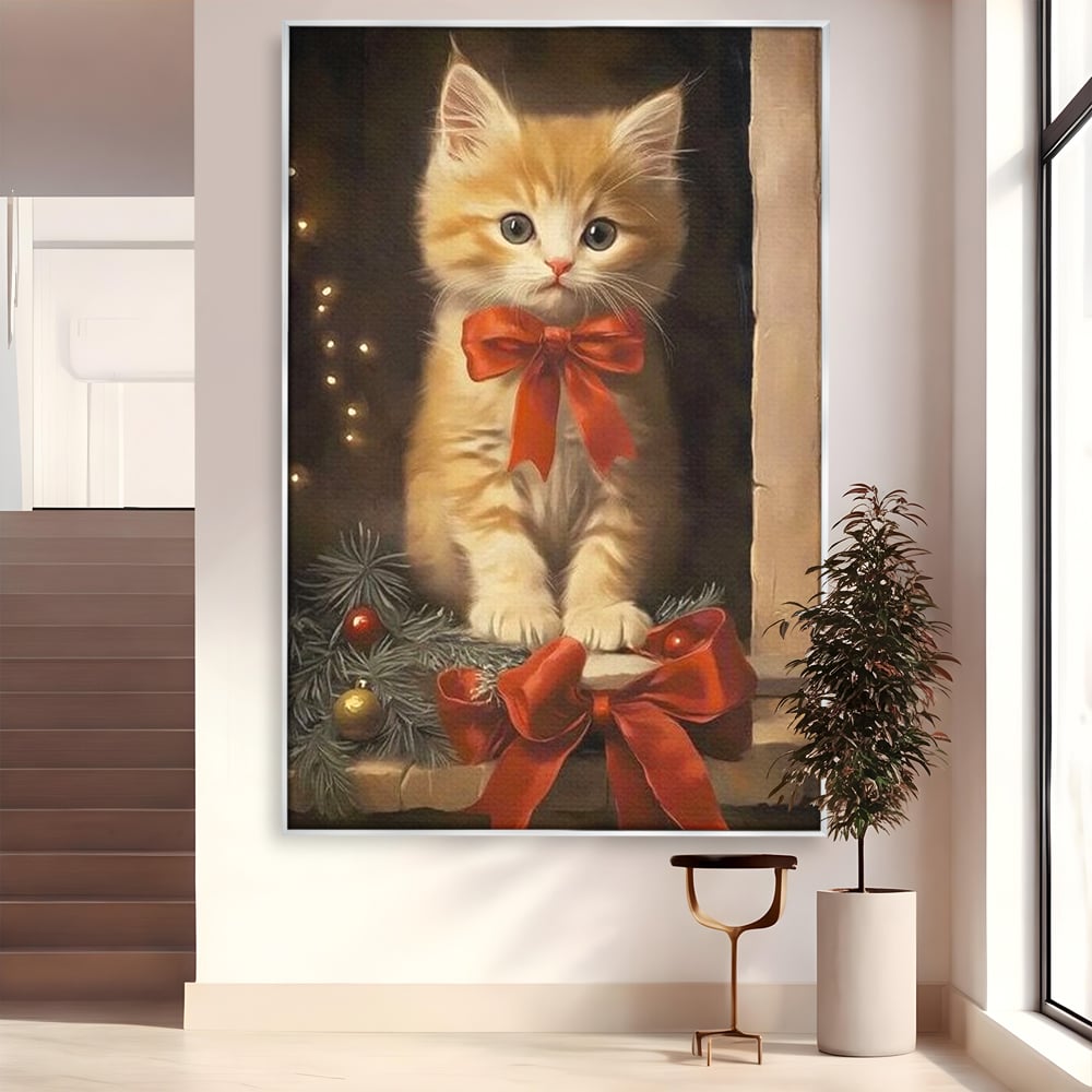Tablou Canvas Premium, LuxCanva® D1087, Blanita de Poveste, Pisoi, Cadou, Pufos, Blanita, Pui, Spirit, Jucaus, Funda, Dragalas, Felina, Globuri, Rosu, Auriu, Bradut, Cadou, Camera Copil, Living, Dormitor