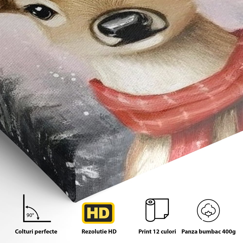 Leinwand Wandbild Canvas Premium, LuxCanva® D1088, Rentier mit Bowler, Geweih, Wild, Tier, Wald, Verwunschen, Schal, Rot, Weihnachtsmann, Schlitten, Flitzer, Füchsin, Kinder, Horn, Kinderzimmer, Wohnzimmer, Schlafzimmer