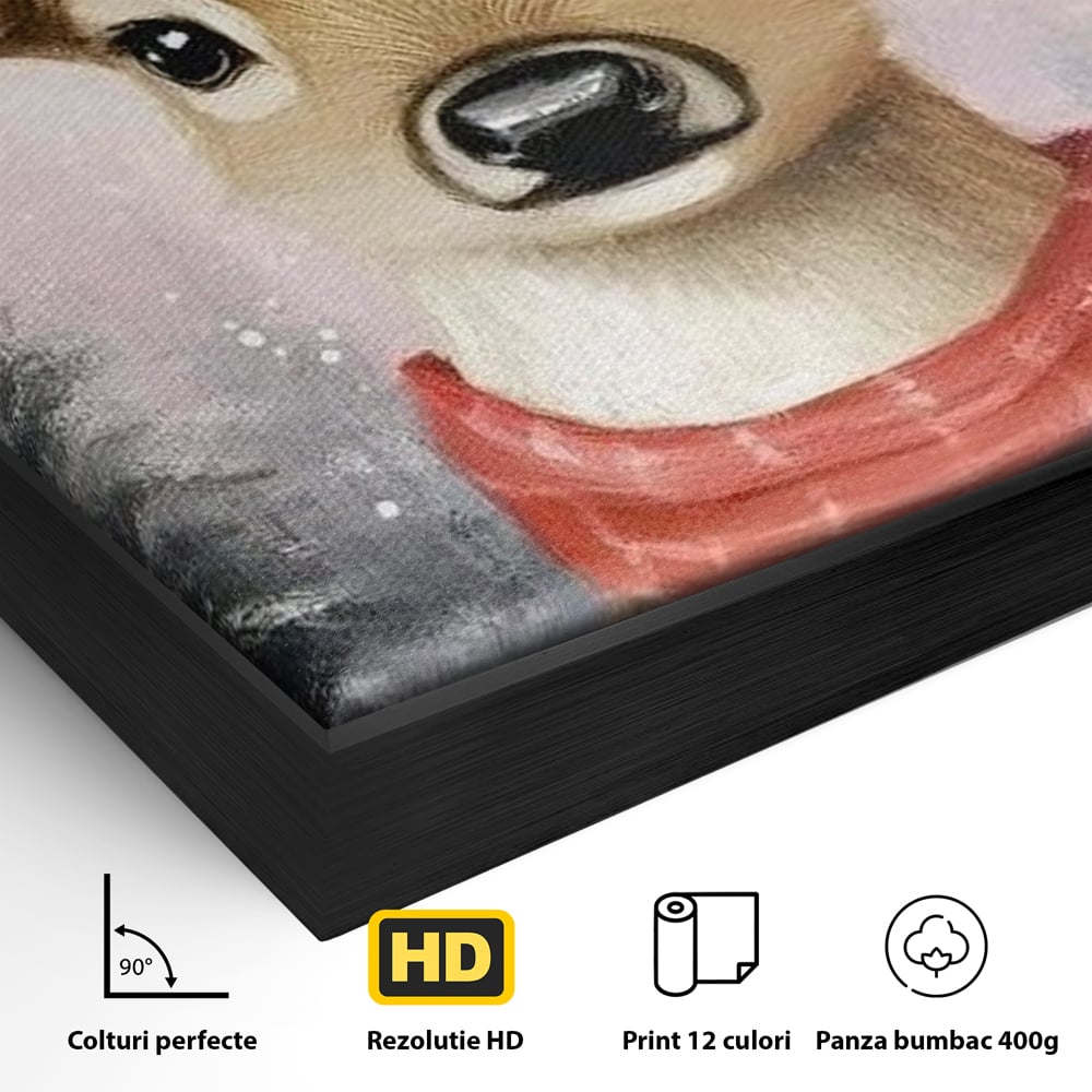 Leinwand Wandbild Canvas Premium, LuxCanva® D1088, Rentier mit Bowler, Geweih, Wild, Tier, Wald, Verwunschen, Schal, Rot, Weihnachtsmann, Schlitten, Flitzer, Füchsin, Kinder, Horn, Kinderzimmer, Wohnzimmer, Schlafzimmer
