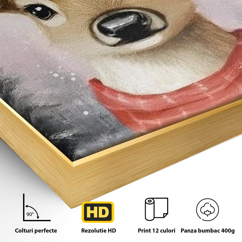 Leinwand Wandbild Canvas Premium, LuxCanva® D1088, Rentier mit Bowler, Geweih, Wild, Tier, Wald, Verwunschen, Schal, Rot, Weihnachtsmann, Schlitten, Flitzer, Füchsin, Kinder, Horn, Kinderzimmer, Wohnzimmer, Schlafzimmer