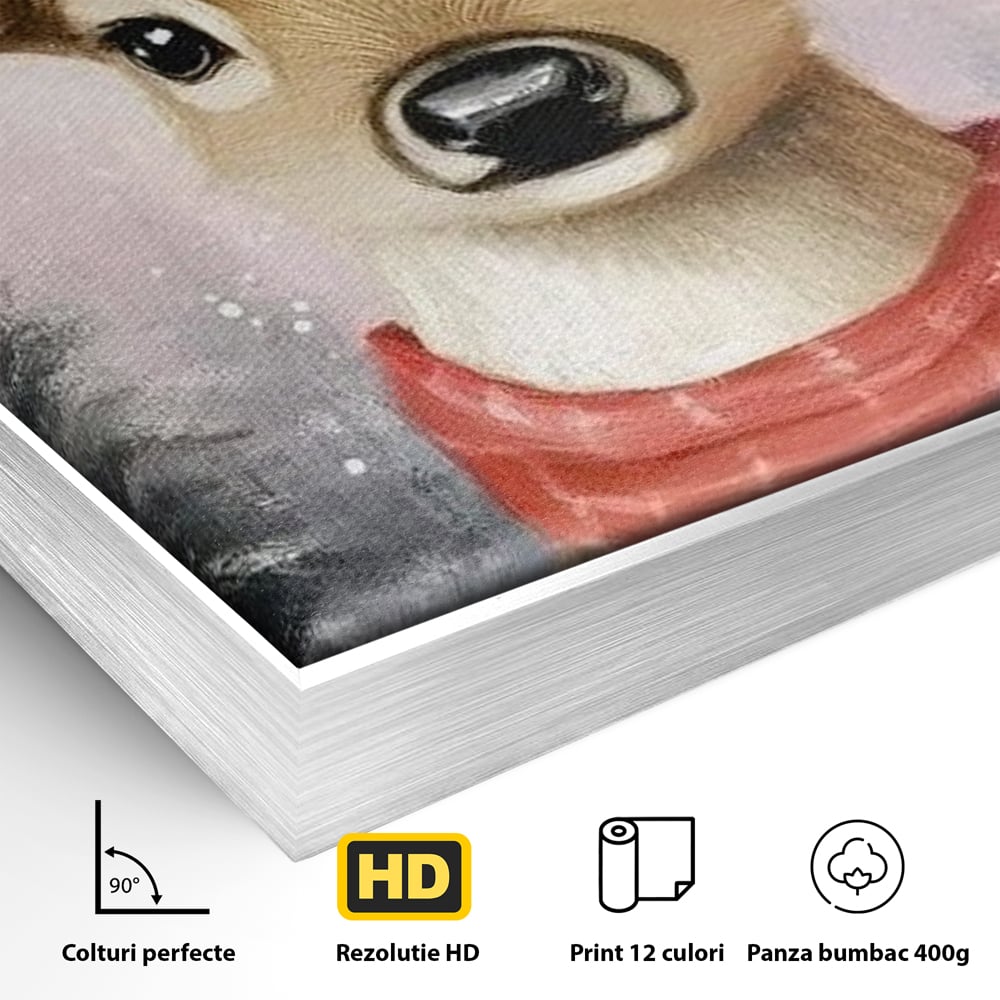 Leinwand Wandbild Canvas Premium, LuxCanva® D1088, Rentier mit Bowler, Geweih, Wild, Tier, Wald, Verwunschen, Schal, Rot, Weihnachtsmann, Schlitten, Flitzer, Füchsin, Kinder, Horn, Kinderzimmer, Wohnzimmer, Schlafzimmer