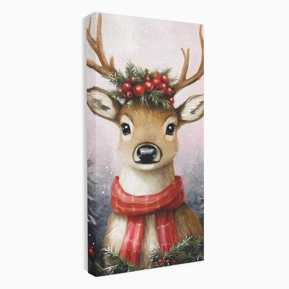 Leinwand Wandbild Canvas Premium, LuxCanva® D1088, Rentier mit Bowler, Geweih, Wild, Tier, Wald, Verwunschen, Schal, Rot, Weihnachtsmann, Schlitten, Flitzer, Füchsin, Kinder, Horn, Kinderzimmer, Wohnzimmer, Schlafzimmer