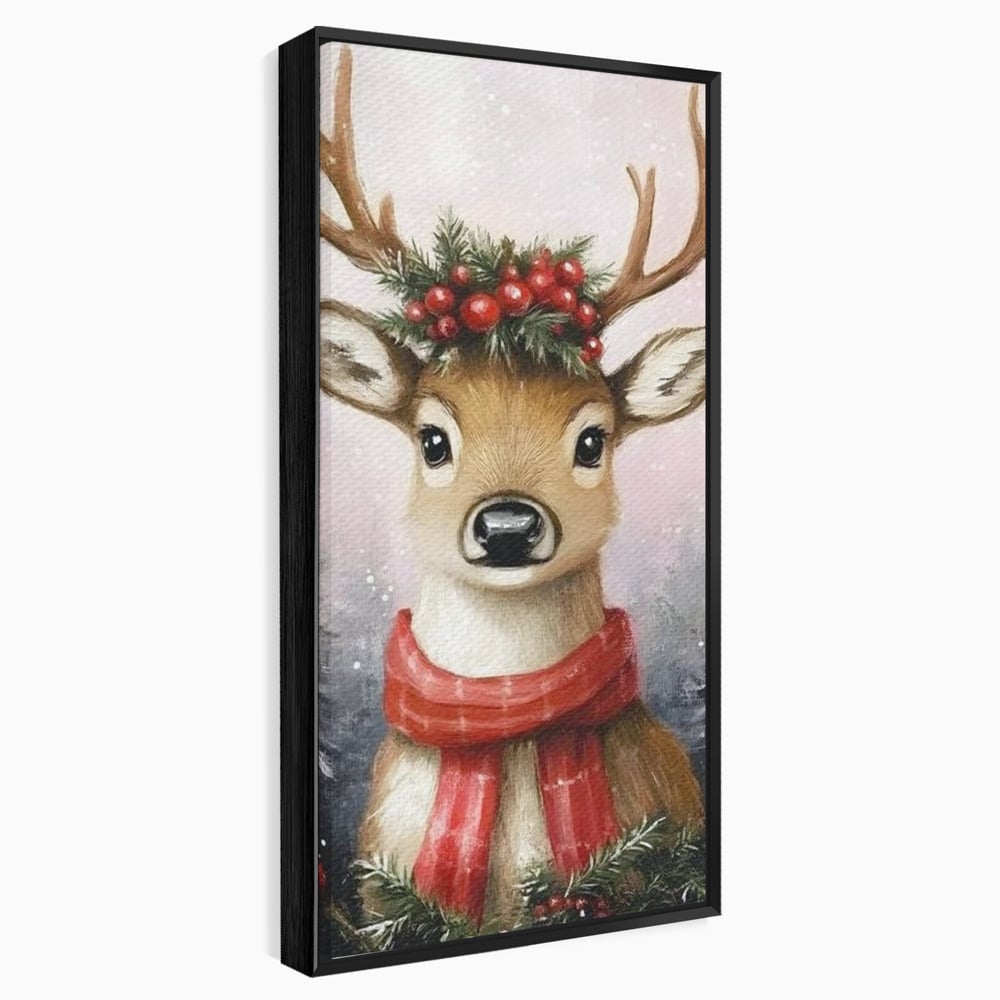 Leinwand Wandbild Canvas Premium, LuxCanva® D1088, Rentier mit Bowler, Geweih, Wild, Tier, Wald, Verwunschen, Schal, Rot, Weihnachtsmann, Schlitten, Flitzer, Füchsin, Kinder, Horn, Kinderzimmer, Wohnzimmer, Schlafzimmer