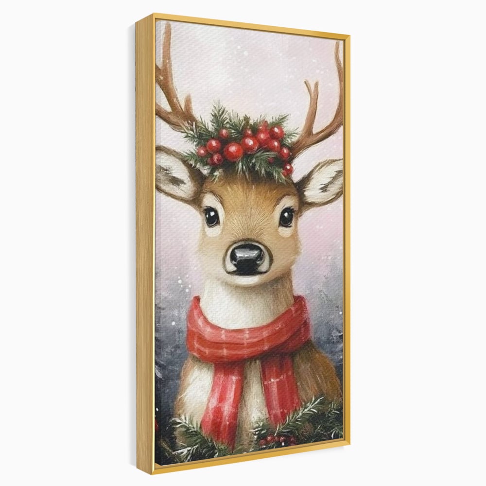 Leinwand Wandbild Canvas Premium, LuxCanva® D1088, Rentier mit Bowler, Geweih, Wild, Tier, Wald, Verwunschen, Schal, Rot, Weihnachtsmann, Schlitten, Flitzer, Füchsin, Kinder, Horn, Kinderzimmer, Wohnzimmer, Schlafzimmer
