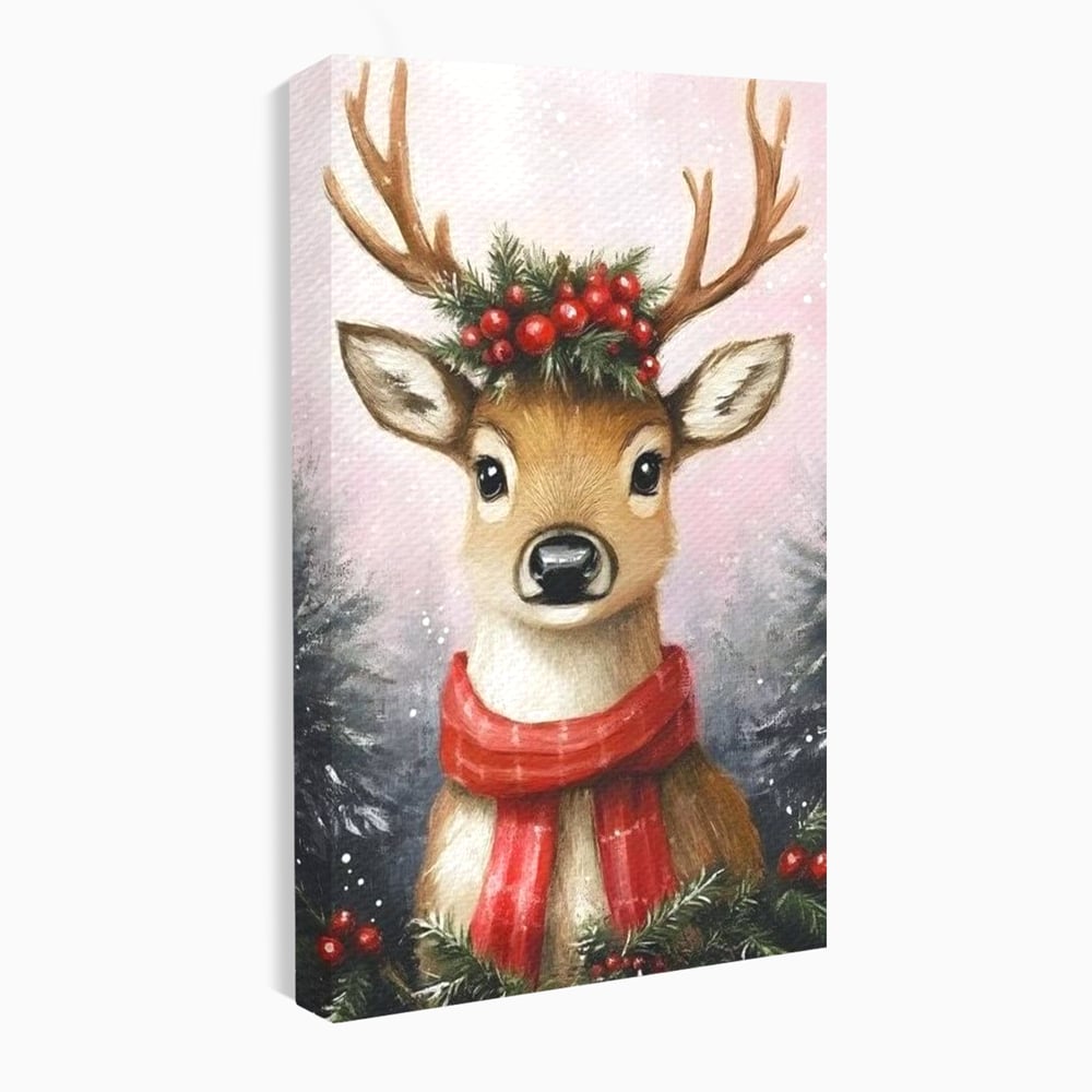 Leinwand Wandbild Canvas Premium, LuxCanva® D1088, Rentier mit Bowler, Geweih, Wild, Tier, Wald, Verwunschen, Schal, Rot, Weihnachtsmann, Schlitten, Flitzer, Füchsin, Kinder, Horn, Kinderzimmer, Wohnzimmer, Schlafzimmer
