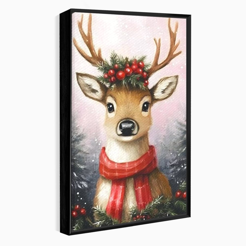 Leinwand Wandbild Canvas Premium, LuxCanva® D1088, Rentier mit Bowler, Geweih, Wild, Tier, Wald, Verwunschen, Schal, Rot, Weihnachtsmann, Schlitten, Flitzer, Füchsin, Kinder, Horn, Kinderzimmer, Wohnzimmer, Schlafzimmer