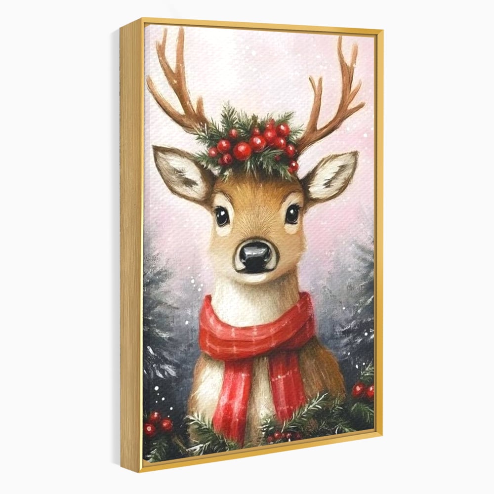 Leinwand Wandbild Canvas Premium, LuxCanva® D1088, Rentier mit Bowler, Geweih, Wild, Tier, Wald, Verwunschen, Schal, Rot, Weihnachtsmann, Schlitten, Flitzer, Füchsin, Kinder, Horn, Kinderzimmer, Wohnzimmer, Schlafzimmer