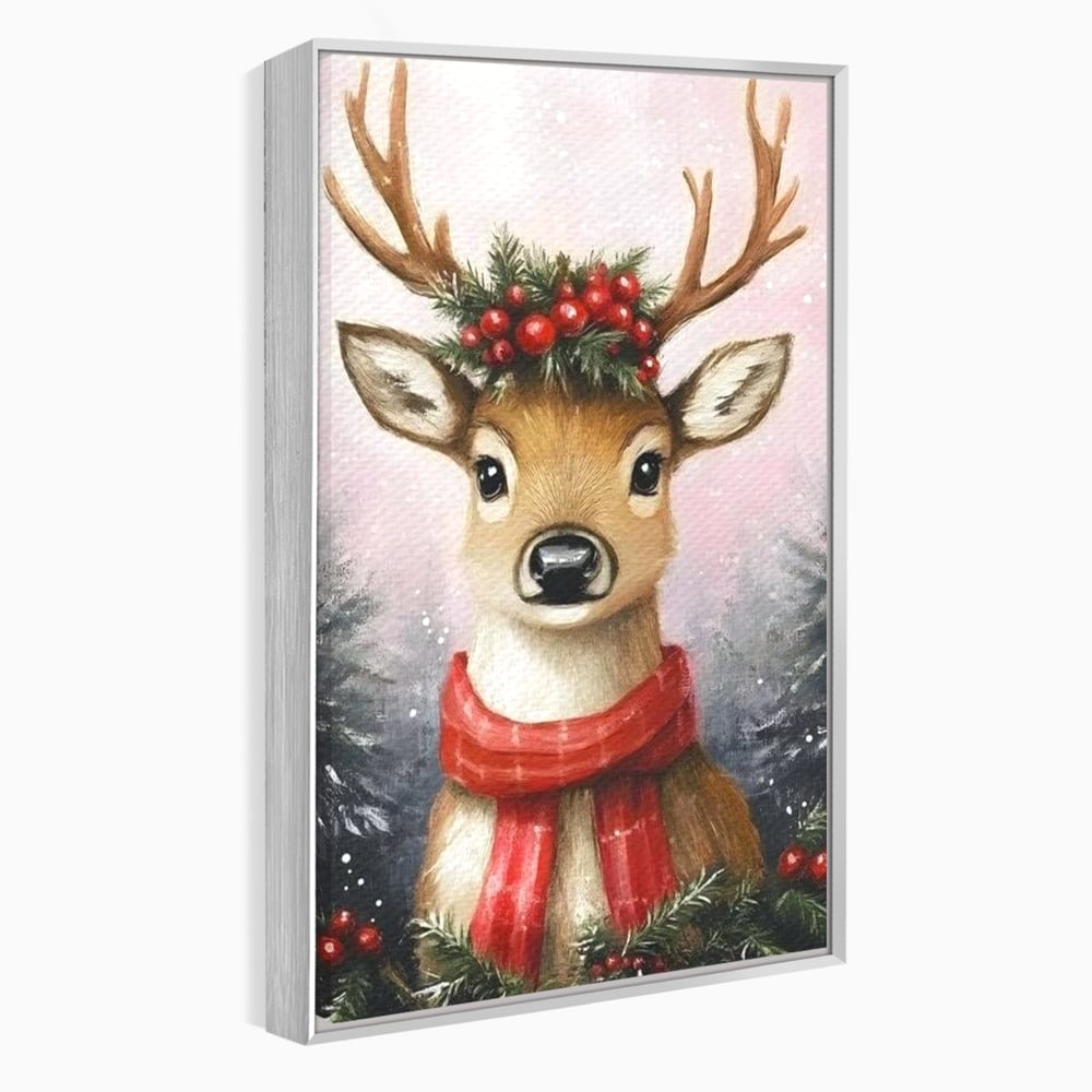 Leinwand Wandbild Canvas Premium, LuxCanva® D1088, Rentier mit Bowler, Geweih, Wild, Tier, Wald, Verwunschen, Schal, Rot, Weihnachtsmann, Schlitten, Flitzer, Füchsin, Kinder, Horn, Kinderzimmer, Wohnzimmer, Schlafzimmer