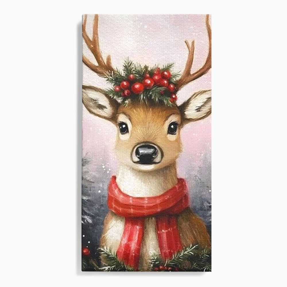 Leinwand Wandbild Canvas Premium, LuxCanva® D1088, Rentier mit Bowler, Geweih, Wild, Tier, Wald, Verwunschen, Schal, Rot, Weihnachtsmann, Schlitten, Flitzer, Füchsin, Kinder, Horn, Kinderzimmer, Wohnzimmer, Schlafzimmer
