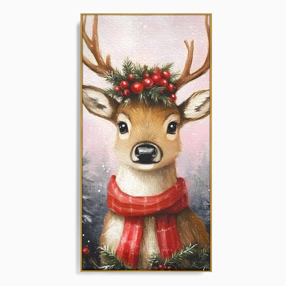 Leinwand Wandbild Canvas Premium, LuxCanva® D1088, Rentier mit Bowler, Geweih, Wild, Tier, Wald, Verwunschen, Schal, Rot, Weihnachtsmann, Schlitten, Flitzer, Füchsin, Kinder, Horn, Kinderzimmer, Wohnzimmer, Schlafzimmer
