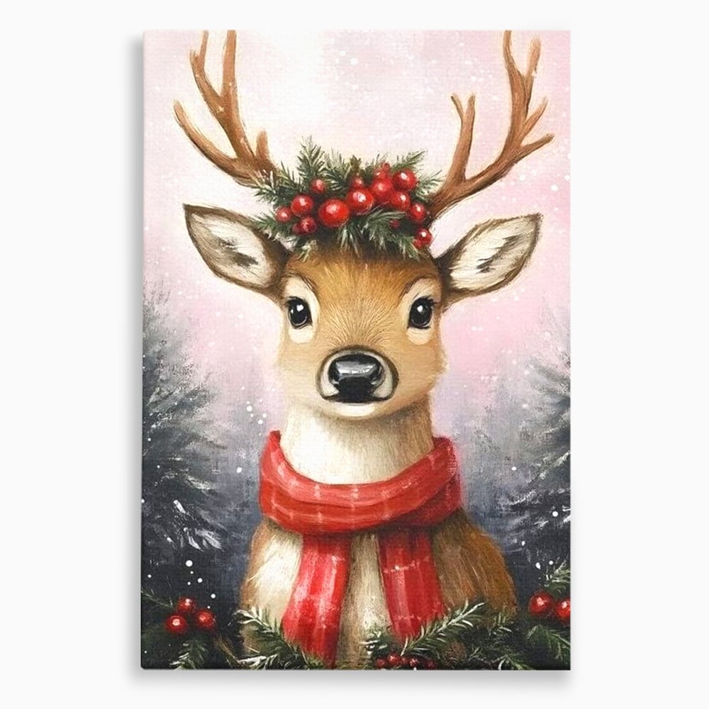Leinwand Wandbild Canvas Premium, LuxCanva® D1088, Rentier mit Bowler, Geweih, Wild, Tier, Wald, Verwunschen, Schal, Rot, Weihnachtsmann, Schlitten, Flitzer, Füchsin, Kinder, Horn, Kinderzimmer, Wohnzimmer, Schlafzimmer