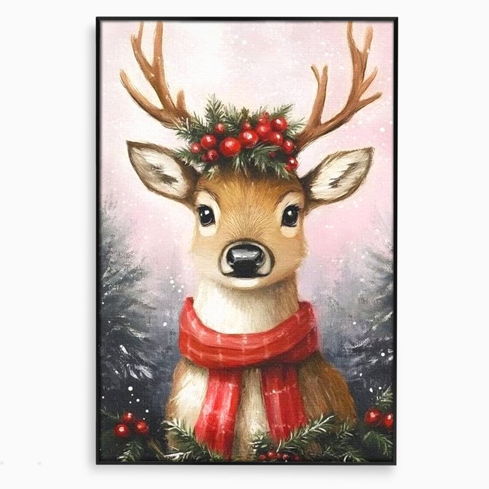 Leinwand Wandbild Canvas Premium, LuxCanva® D1088, Rentier mit Bowler, Geweih, Wild, Tier, Wald, Verwunschen, Schal, Rot, Weihnachtsmann, Schlitten, Flitzer, Füchsin, Kinder, Horn, Kinderzimmer, Wohnzimmer, Schlafzimmer